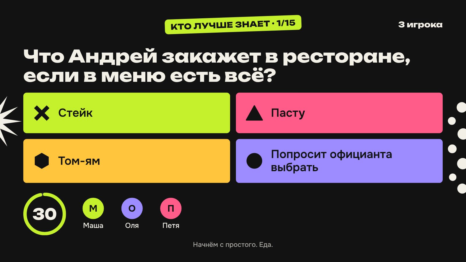 Экран шоу: вопрос «Что Андрей закажет в ресторане, если в меню есть абсолютно всё?»